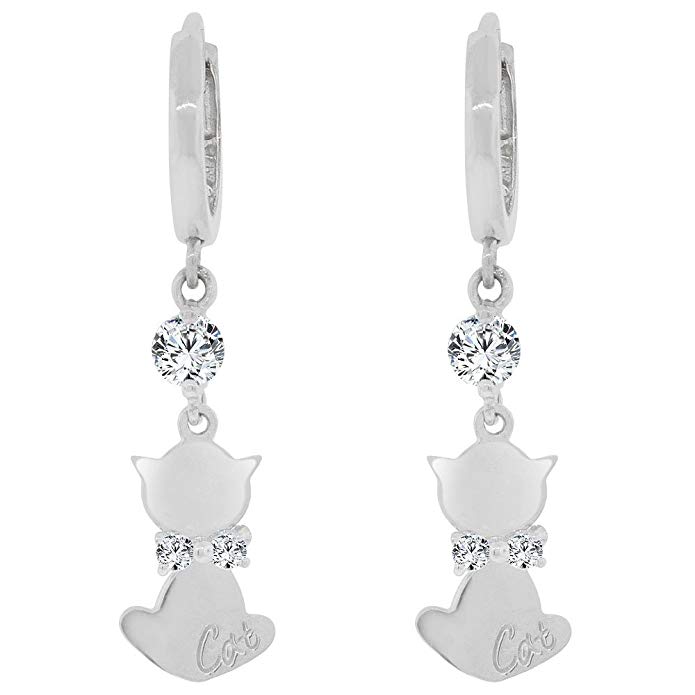 14k Gold White Rhodium, Cat Dangling Earring Created CZ Crystals