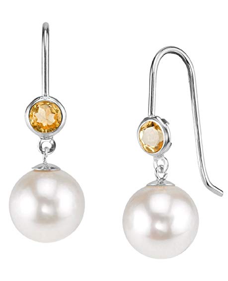 THE PEARL SOURCE 14K Gold AAAA Quality Round White Freshwater Cultured Pearl Citrine Gemstone Earrings for Women