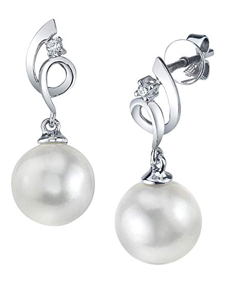 THE PEARL SOURCE 14K Gold AAAA Quality Round White Freshwater Cultured Pearl & Diamond Symphony Earrings for Women