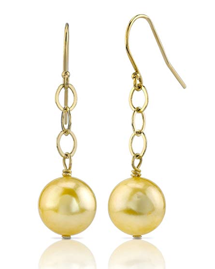 THE PEARL SOURCE 14K Gold Round Genuine Golden South Sea Cultured Pearl Dangling Tincup Earrings for Women