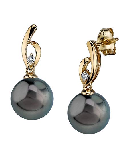 THE PEARL SOURCE 14K Gold Round Genuine Black Tahitian South Sea Cultured Pearl & Diamond Lois Earrings for Women