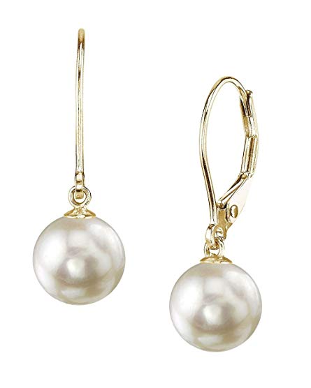 THE PEARL SOURCE 14K Gold AAA Quality Round Genuine White Akoya Cultured Pearl Leverback Earrings for Women