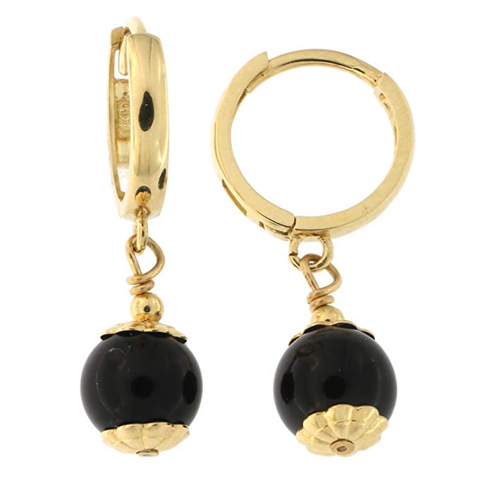 14k Yellow Gold Black Simulated Onyx Huggie Dangle Earrings