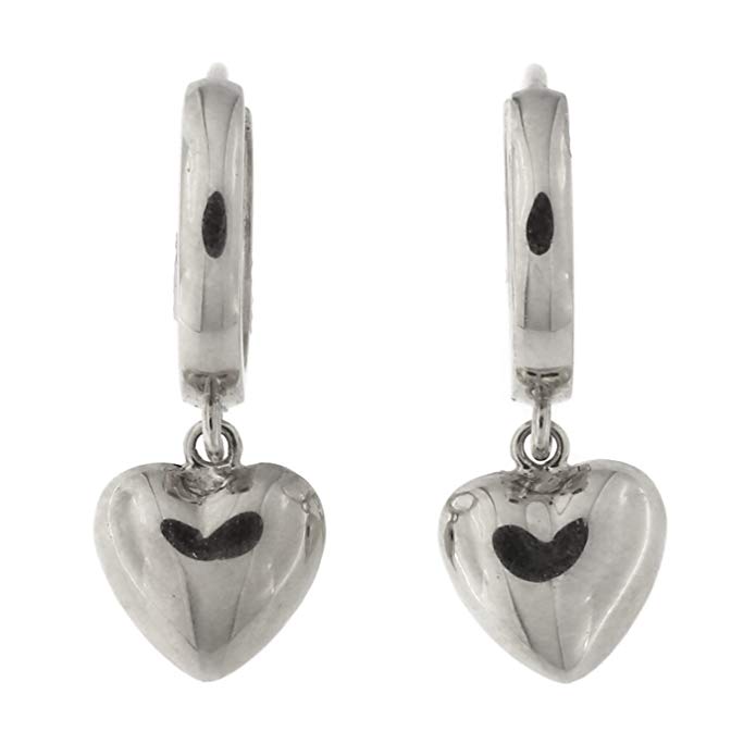 14k Yellow or White Gold Puffed Heart Huggie Dangle Earrings