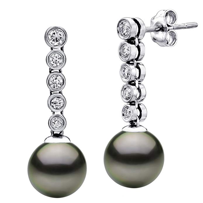 14k White Gold 4/10cttw Diamond and Round Black Tahitian Cultured AAA Pearl Stud Dangle Earrings