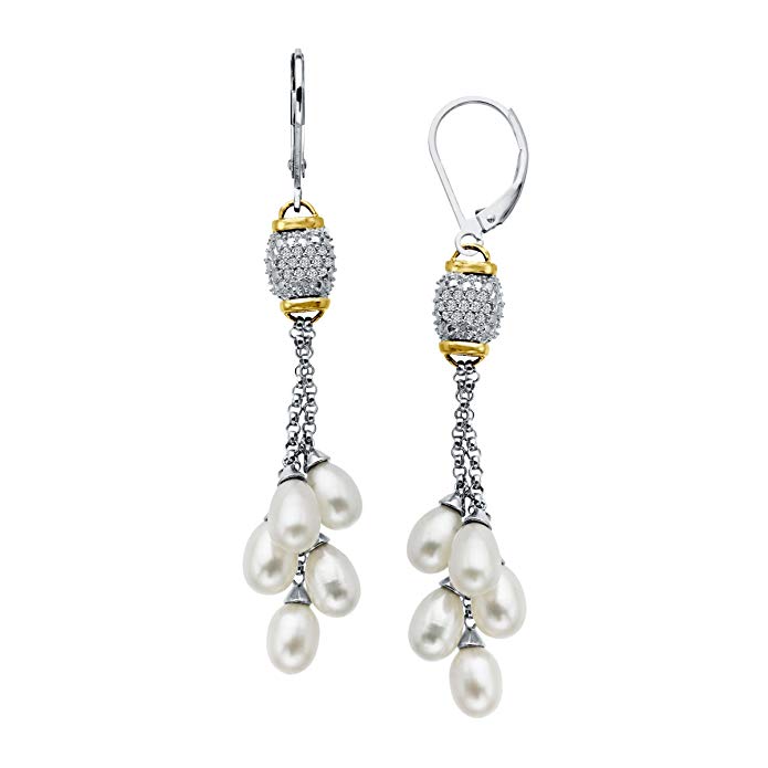 Freshwater Cultured Pearl and 1/8 ct Diamond Drop Earrings in Sterling Silver and 14K Gold