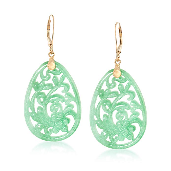 Ross-Simons Carved Green Jade Floral Drop Earrings in 14kt Yellow Gold