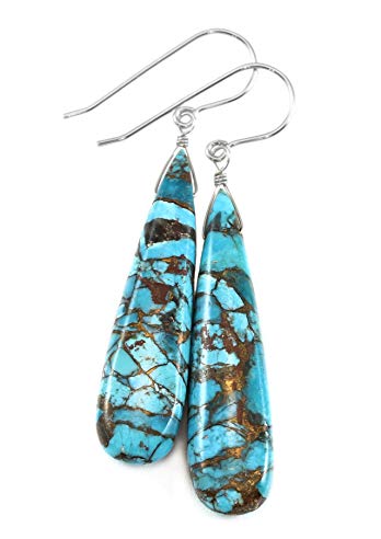 Sterling Silver Blue Turquoise Earrings Coppery Mosaic Large Long Smooth Teardrops Veining