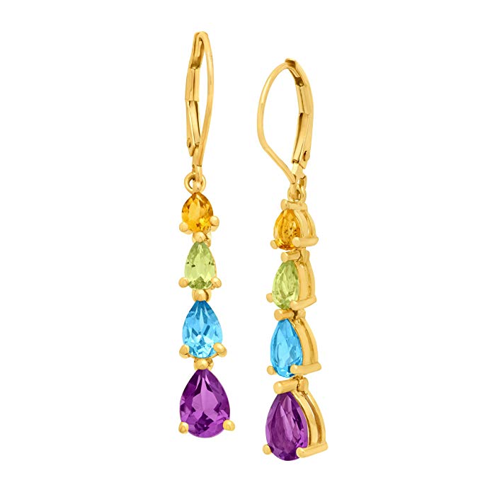 3 ct Natural Citrine, Peridot, Swiss Blue Topaz and Amethyst Drop Earrings in 10K Gold