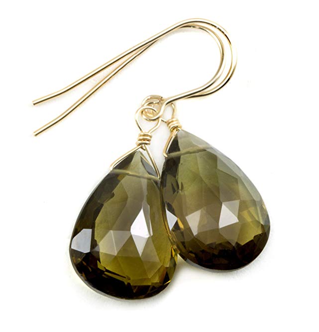 Olive Green Quartz Earrings Faceted Briolette Large Teardrops