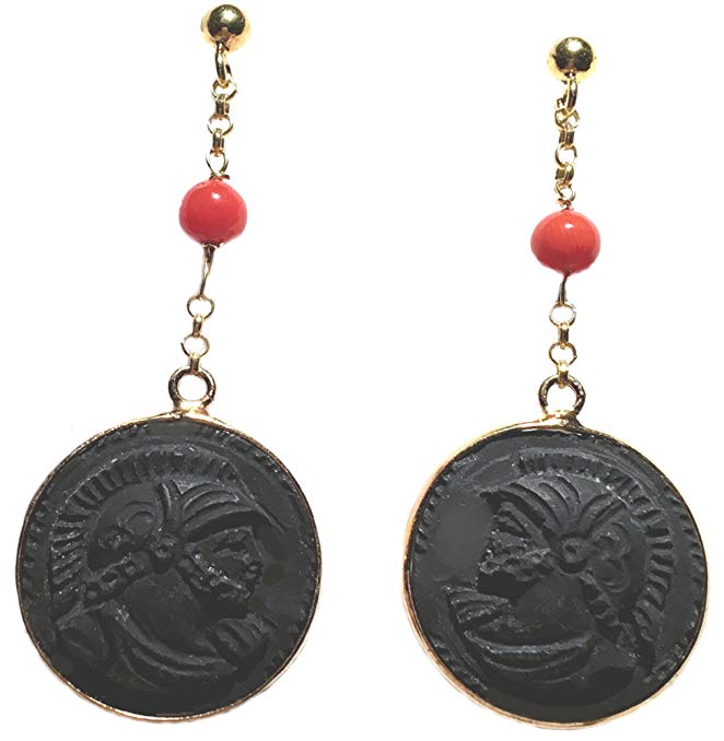 Earrings Master Carved, Post Back Dangle Coral Lava Sterling Silver Roman Warrior Italian