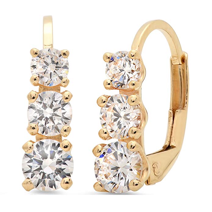 2.70 CT 3 Stone ROUND CUT Simulated Diamond Earrings 14K Yellow Gold Past Present Future Leverback