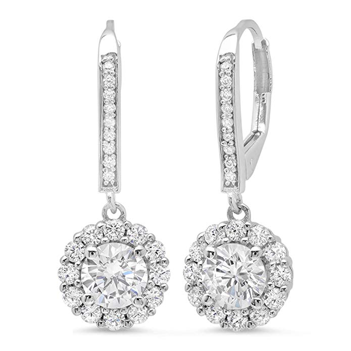 3.60 CT ROUND CUT CZ Solitaire Halo PAVE DROP DANGLE LEVERBACK EARRINGS 14K White GOLD