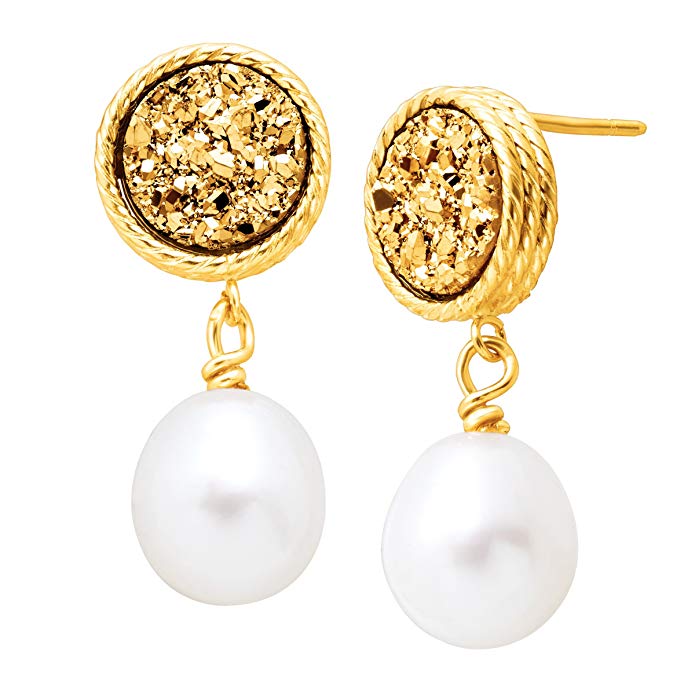 Honora Freshwater Oval Cultured Pearl & Golden Druzy Drop Earrings in 10K Gold