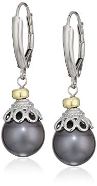 Sterling Silver 10-10.5mm Freshwater Cultured Pearl Cup Design Lever-Back Dangle Earrings