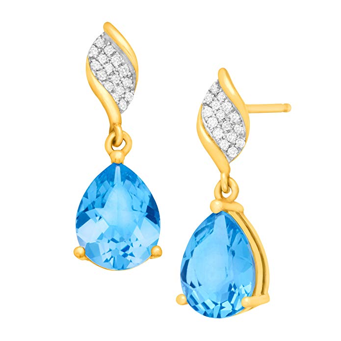 4 1/2 ct Pear-Cut Natural Swiss Blue Topaz Drop Earrings with Diamonds in 10K Yellow Gold