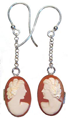 Cameo Earrings Master Carved, Carnelian Conch Shell Dual Faces Dangle Sterling Silver Italian