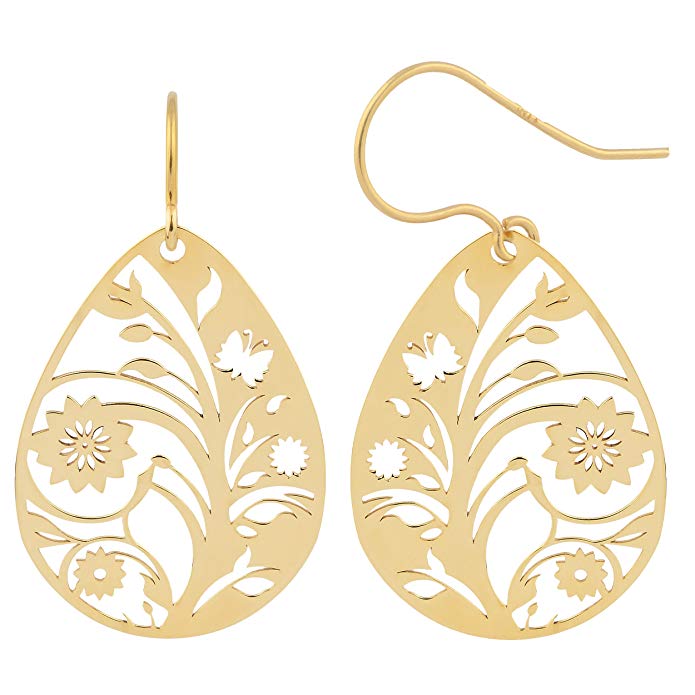 10k Yellow Gold Flower Vine Teardrop Earrings