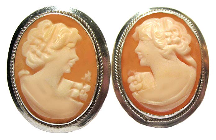 Earrings Post Back Master Carved, Carnelian Conch Shell Sterling Silver Cameo